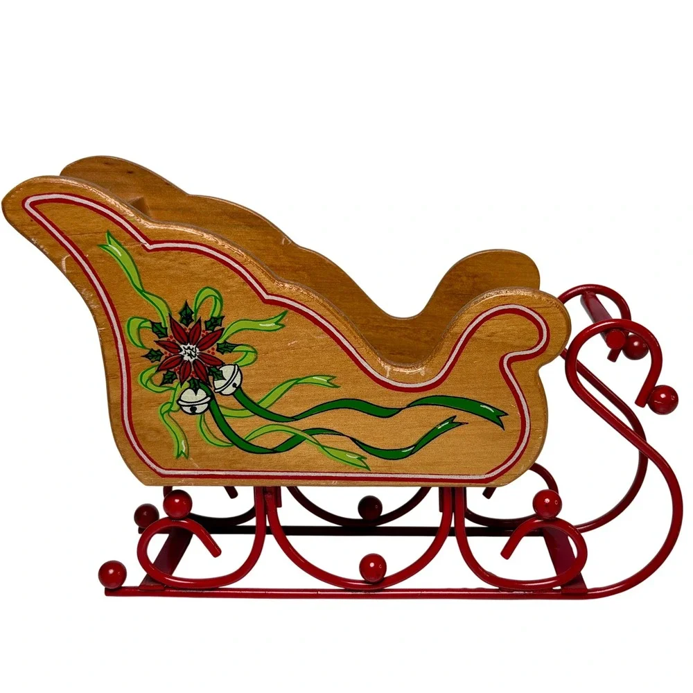 Vintage Christmas Sleigh Centerpiece Wood Metal Reindeer Sled Poinsettia Decor‎